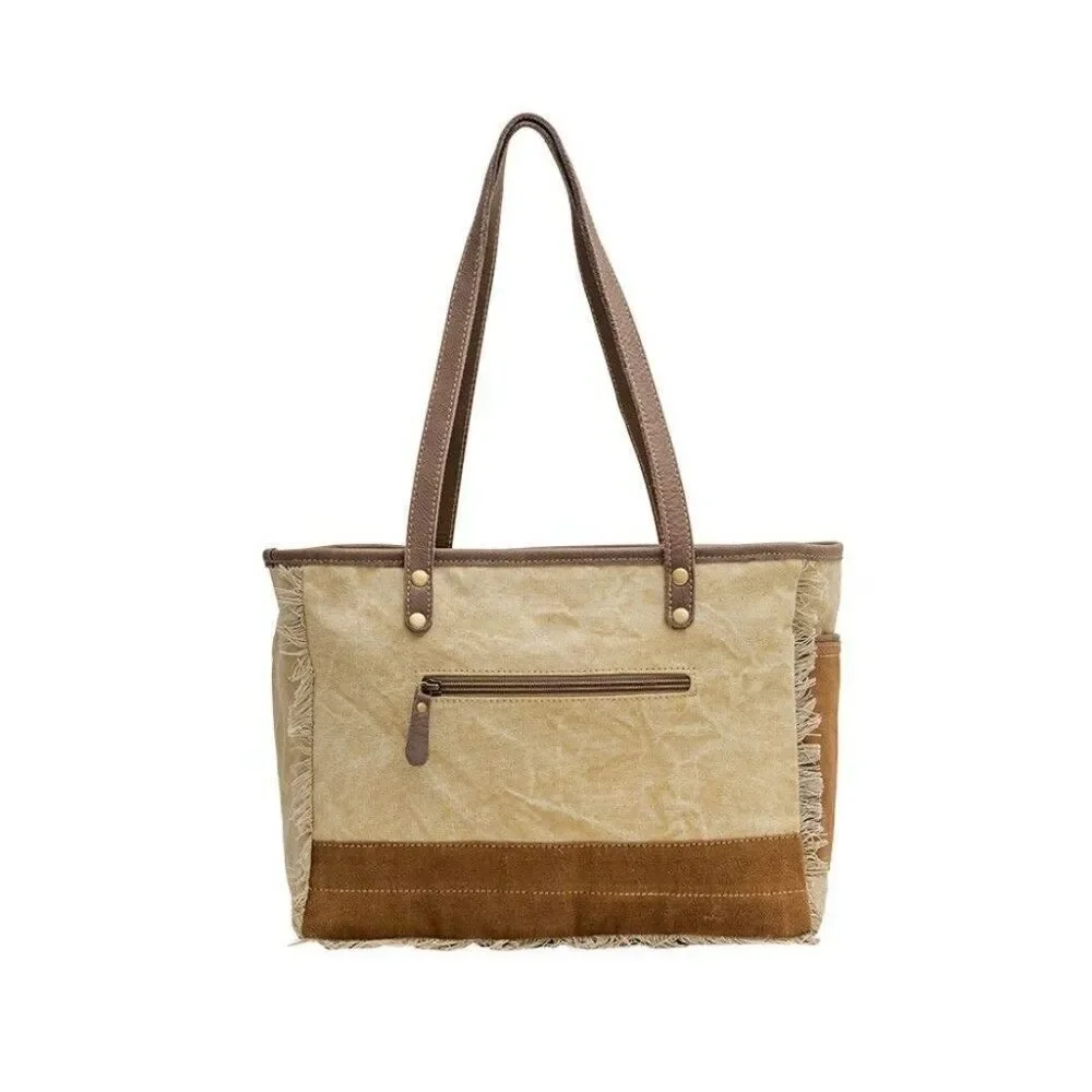 Myra Bag Handmade Spur Tote Bag Upcycled Canvas & Cowhide Leather